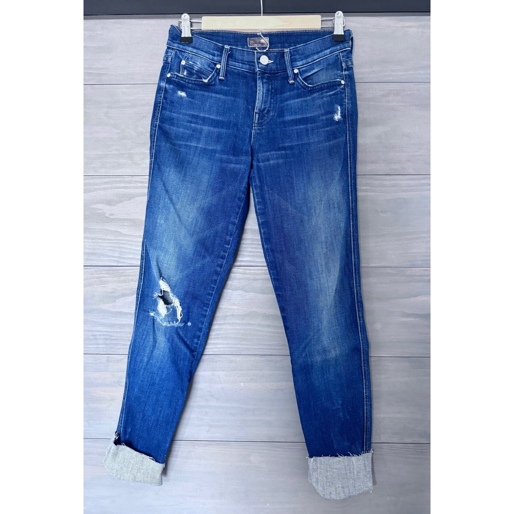 MOTHER Jeans THE PONYBOY Echoes Blue Straight Stretch Distressed Wide Cuff Sz 25 - Picture 4 of 10